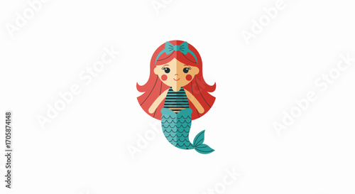 Cartoon Mermaid with Red Hair and Teal Tail Illustration.