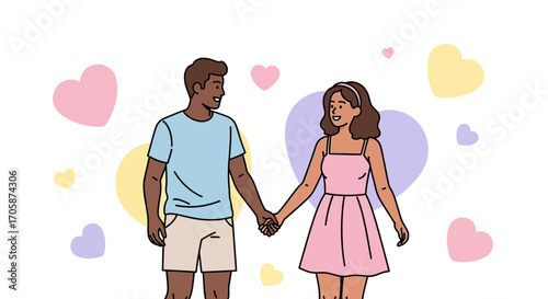 Couple Holding Hands with Hearts, Simple Illustration Depicting Affection and Romance