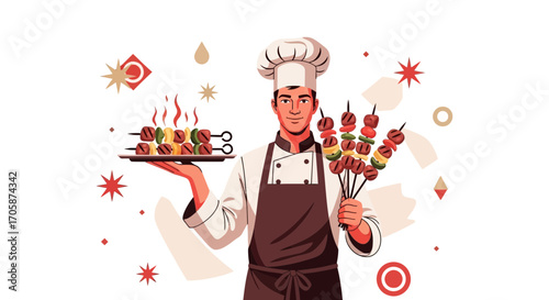 Chef Presenting Grilled Skewers: A Culinary Illustration for Gourmet Food Lovers