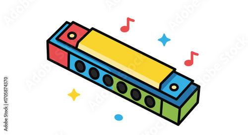 Tableau sur toile A colorful cartoon illustration of a toy harmonica with musical notes and sparkles