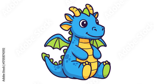 Cute Cartoon Blue Dragon with Yellow Accents and Green Wings.
