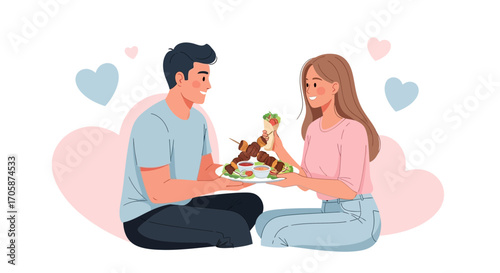 Couple Sharing Food, Dining Experience Portrayed In Charming Vector Illustration