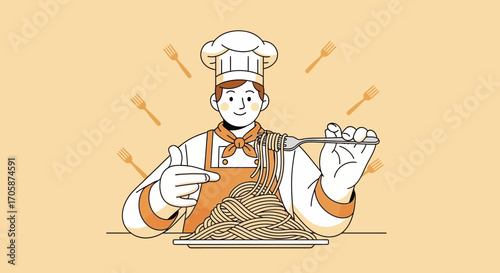 Chef proudly presenting pasta dish Italian cuisine for culinary delight illustration