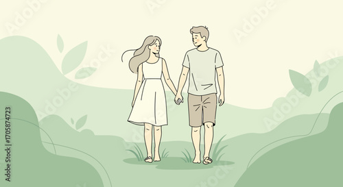 Couple Walking Hand In Hand On A Peaceful Promenade, Together Embracing Tenderness