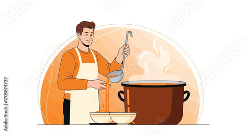 Chef Serving Soup From a Pot, Cooking Illustration Depicting Homemade Food Preparation.
