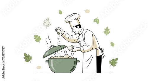 Chef Seasoning Food in Kitchen Preparing Delicious Dish Meal Simple Illustration
