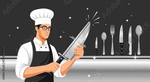 Chef Showing Knife Expertise And Culinary Tools With A Stylish Monochrome Presentation