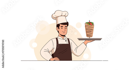 Chef Showcasing Delicious Doner Kebab Dish on a Tray in Illustration Style