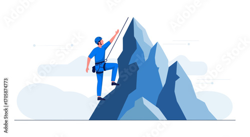 Courageous Climber Ascending Challenging Mountain Peak Toward The Summit And Overcome