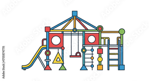 Colorful Childrens Playground Structure with Slide and Swings.