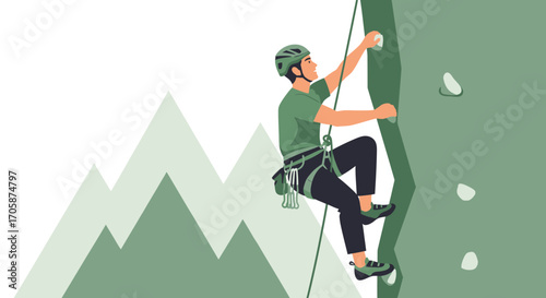 Courageous Climber Scaling a Rocky Wall with Mountainous View and Safety Gear