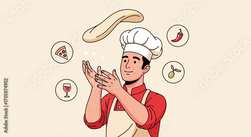 Chef Skillfully Tossing Pizza Dough, Culinary Illustration, Delicious Cuisine Concept
