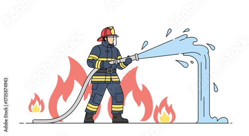 Courageous Firefighter Extinguishing Flames With Powerful Water Spraying Effort