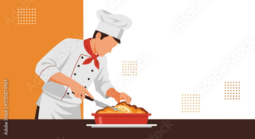 Chef Slicing Dish Illustration: Culinary Arts, Food Preparation, Cooking, and Cuisine