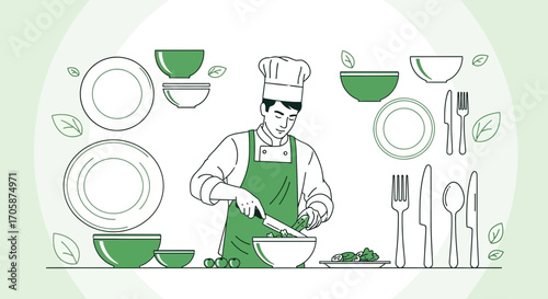 Chef Slicing Vegetable Salad, Illustration, Kitchen, Green, Serving Utensils, Culinary
