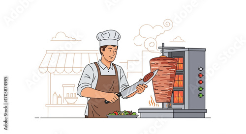 Chef Slicing Delicious Shawarma Meat Preparing Food For Hungry Customers in a Restaurant Setting