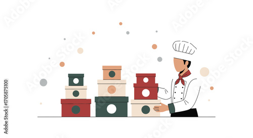 Chef Stacking Boxes: An Illustration of Culinary Service and Delivery Process