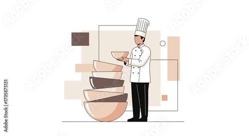 Chef Stacking Bowls Skillfully Readying Kitchen Supplies For Culinary Tasks