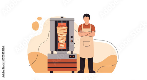 Chef Standing Proudly Next To Rotating Grill Preparing Mouthwatering Shawarma Offering Food