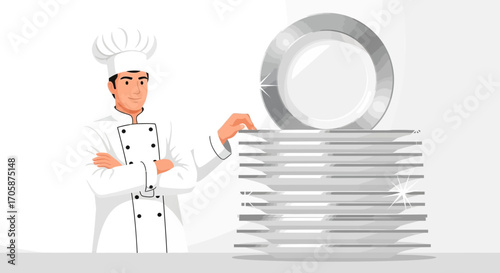 Chef Stands Beside a Tower of Clean Dishware in Preparation for Serving Dishes