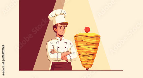Chef Stands Proudly Beside Fresh Shawarma, Food Illustration And Culinary Design