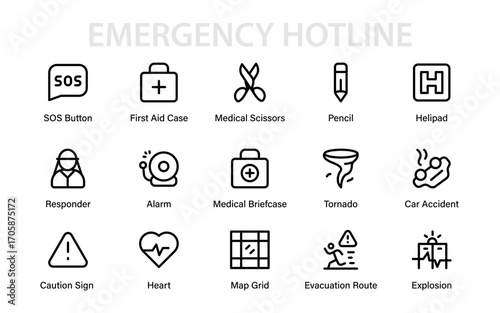 Emergency hotline Modern Line Icon Set with Professional Vector Minimal Outline Graphics of Crisis Aid Rescue Health Protection and Urgent Response