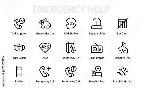 Emergency help Modern Line Icon Collection for Professional Vector Illustration with Minimal Outline Graphics on Crisis Aid Rescue and Safety Symbols
