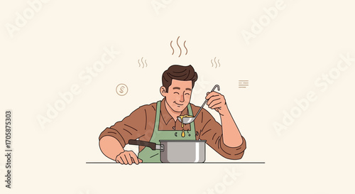 Chef Tasting Delicious Soup in Kitchen, Vector Illustration of Culinary Experience