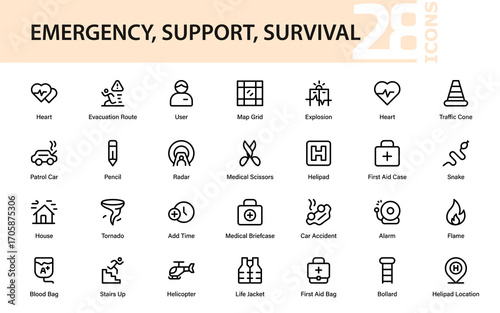 Emergency Support survival Professional Line Icon Collection in Modern Vector Minimal Style with Clean Outline Graphics for Safety Rescue Crisis Aid Symbols