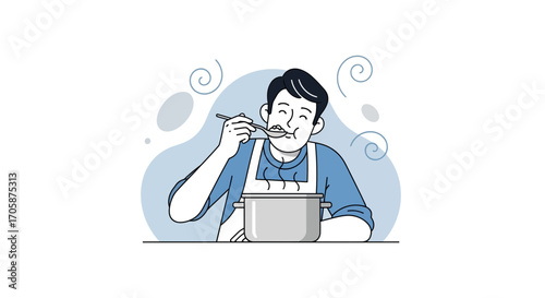 Chef Tasting Food and Enjoying Meal in a Restaurant Kitchen With Delicious Soup