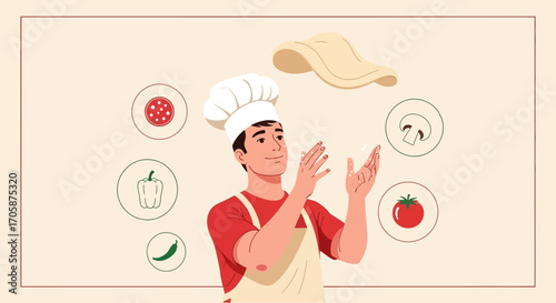 Chef Tossing Pizza Dough And Food Ingredients Ready For Cooking Preparation Process