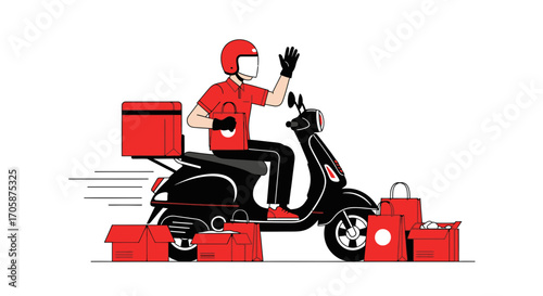 Courier Delivering Packages on a Scooter with Boxes and Bags in Modern Flat Illustration