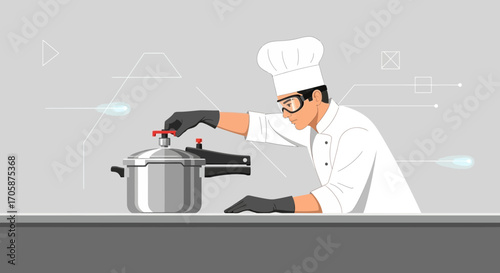 Chef Utilizing Pressure Cooker With Safety Measures For Culinary Processes Preparation