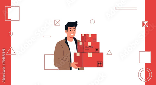 Courier Delivering Packages of Take Away Food Goods In Modern Illustration Style
