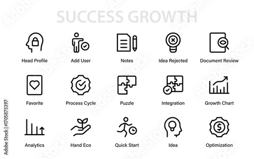 Success Growth Modern Line Icon Set, professional vector outline collection designed with minimal creative finance symbols for career development and success themes