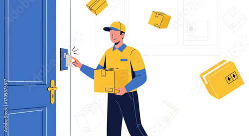 Courier Delivering Packages; Knocking at Door; Delivery Service with Cartoon Character