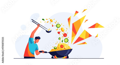 Chef's Culinary Creation: Artistic Abstract Illustration of Stir-Frying Fresh Ingredients