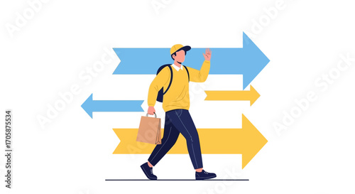 Courier Delivers Package With Arrows Indicating Delivery Direction And Signifying Movement