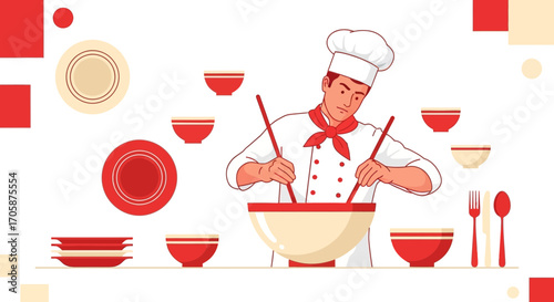 Chef's Culinary Creation: Illustration of Cooking Process with Kitchenware, Preparing the Meal