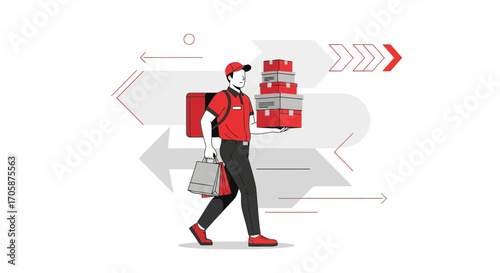 Courier Delivers Merchandise Packages And Bags With Arrows in Simple Illustration