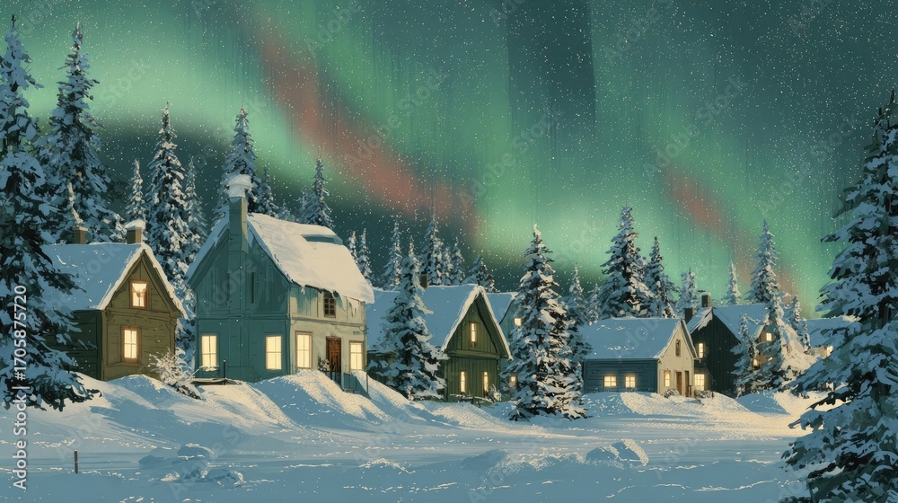 Fototapeta premium Snowy Village Under Aurora Borealis in Starry Night Sky
