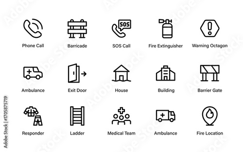 Emergency Service Professional Line Icon Collection. Modern Minimal Hotline, Helpline, Call Assistance, Rescue, Crisis Support and Safety Vector Pack