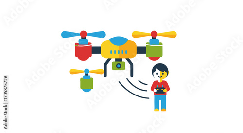 Colorful cartoon drone with camera and person controlling it.