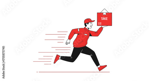 Courier Rapidly Delivering Takeout Order, Fast Food Delivery Service in Motion