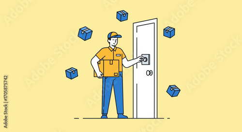 Courier Knocking On Door With Parcels In Hand Ready For Delivery Illustration
