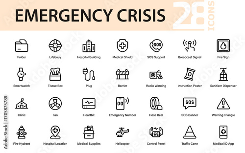 Emergency Crisis Professional Line Icon Pack. Modern Outline Vector Hotline, Support, Aid and Safety Assistance Communication Collection