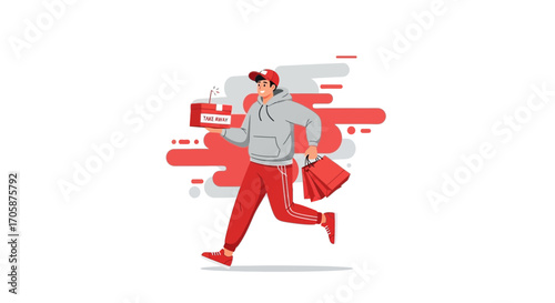 Courier Hurrying Delivery of Food Order with Shopping Bags Against a White Background