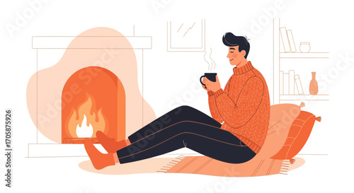 Cozy Afternoon Relaxation: Person Enjoying Warmth of Fireplace with Beverage,