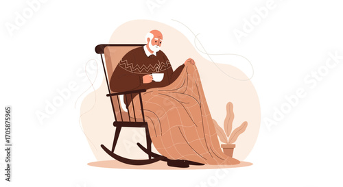 Cozy Afternoon Scene Of Relaxed Elderly Man Sipping Beverage, Wrapped In A Blanket