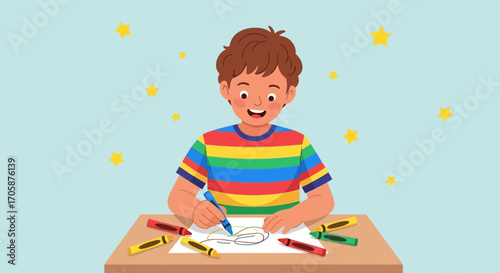 Child Creating Art With Crayons, Bright Colors and Creative Expression Concept